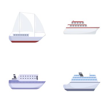 Beyazlar üzerinde izole edilmiş dört karikatür gemisi ve tekne koleksiyonu, seyahat ve ulaşım temaları için ideal