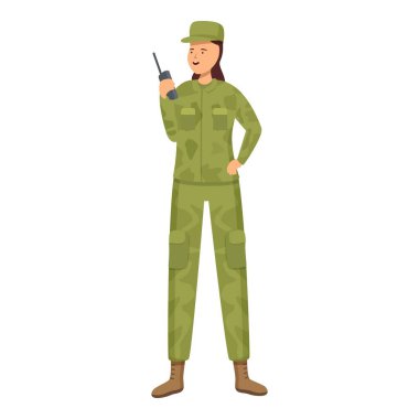 Telsiz kullanan kadın asker üniformalı asker taşınabilir radyo vericisiyle iletişim kuruyor.