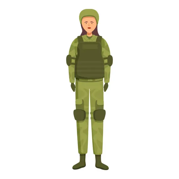 stock vector Female soldier in camouflage uniform, equipped with a bulletproof vest and helmet, stands ready for duty
