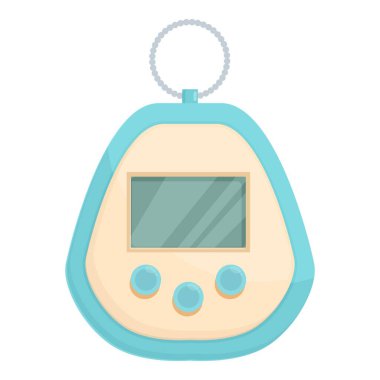 Mavi ve bej tamagotchi metal bir anahtarlığa asılı, 90 'ların nostaljisini geri getiriyor.