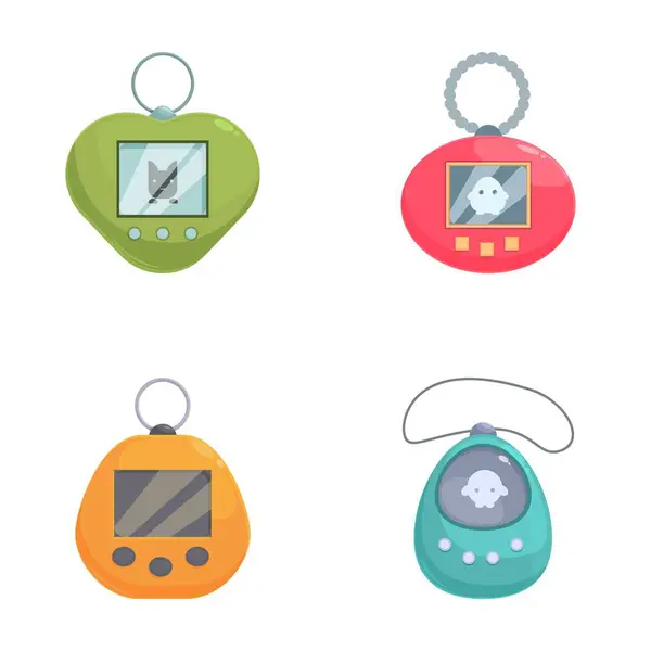 stock vector Illustration of four cute, vibrant virtual pet devices from the 90s nostalgia