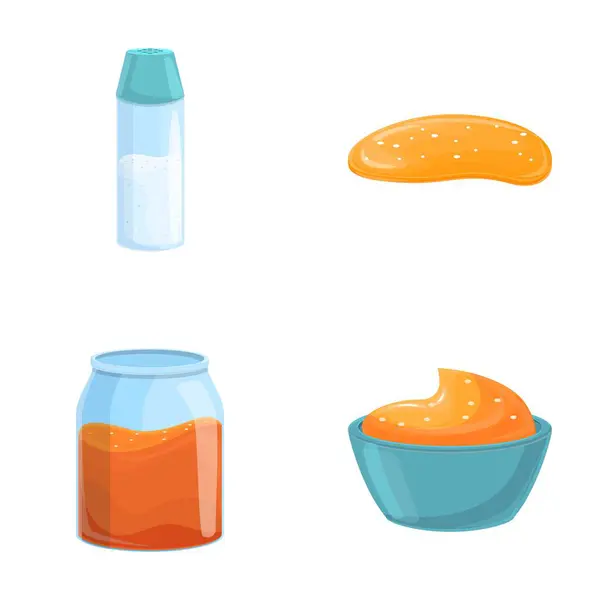 stock vector Soft caramel icons set cartoon vector. Nasty soft caramel in bowl and jar. Sweet food