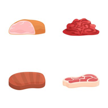 Et simgeleri çizgi film vektörünü ayarlıyor. Farklı et ürünleri. Yiyecek konsepti