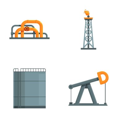 Petrol ve gaz altyapısını temsil eden dört düz dizayn simgesinin toplanması