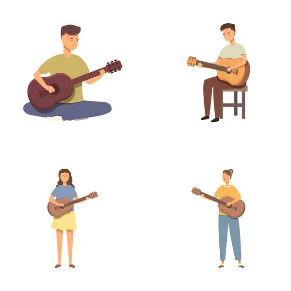 stock vector Collection of illustrations featuring people of different genders playing acoustic guitars