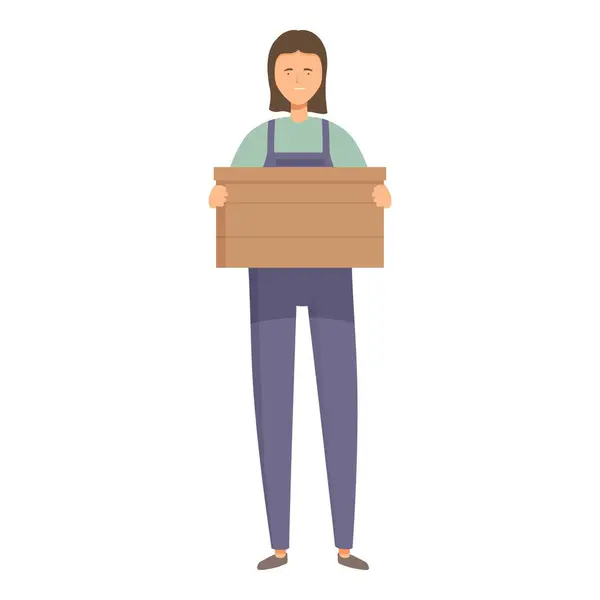 stock vector Young woman wearing overalls holding an empty wooden crate, volunteering, delivering donation