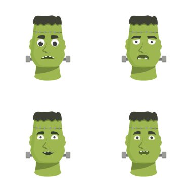 Frankenstein canavarının çeşitli yüz ifadeleriyle vektör çizimleri.