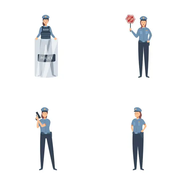 stock vector Collection of four illustrated police characters in uniform demonstrating different duties and poses