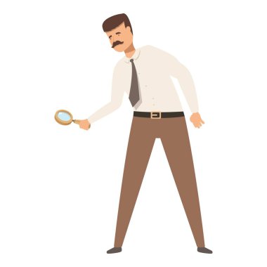 Man with mustache wearing a tie and formal clothes holding a magnifying glass and searching for something clipart