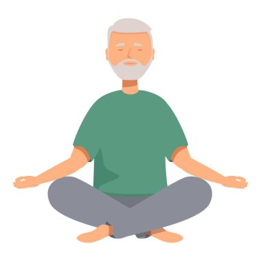 Kıdemli adam Lotus pozisyonunda gözleri kapalı meditasyon yapıyor, yoga ve farkındalık yapıyor.