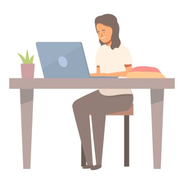 Genç bir kadın bir masada oturuyor, dizüstü bilgisayarda bir bitki ve arka planda bir yastıkla yazı yazıyor.