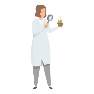 Laboratuvar önlüklü bilim adamı bir saksıda büyüteçle bir bitkiyi inceliyor.