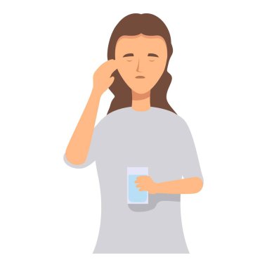 Hasta genç kadın kafasına dokunuyor ve elinde bir bardak su tutuyor.