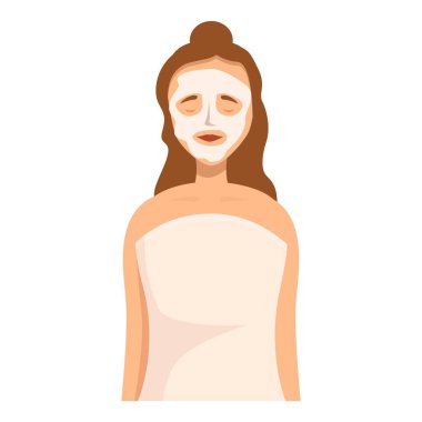 Genç bir kadın beyaz kilden bir maske ve vücudunun etrafında havluyla yüz bakımı yaptırıyor.