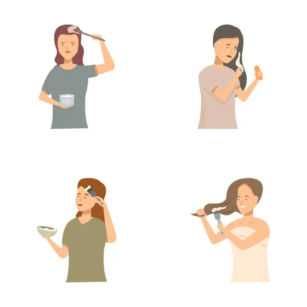 stock vector Vector illustrations of women performing various hair care routines like combing and applying products