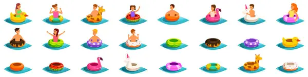 stock vector Kids swim rubber ring icons set. People relaxing on inflatable rings and having fun in swimming pool or on beach, summer vacation concept