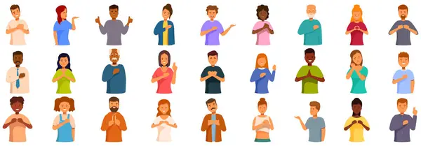 stock vector Sincere character icons set. Diverse group of people is holding their hands to their chests, expressing sincerity, gratitude, or respect