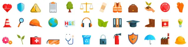 stock vector HSE icons set. Health safety environment and security icon set for workplace protecting illustrating different aspects