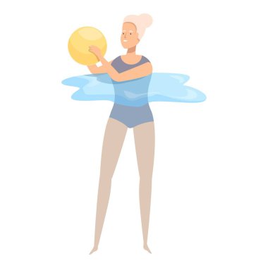 Yüzme havuzunda egzersiz yapan, su aerobiği sırasında sarı bir top tutan mutlu son sınıf kadını.