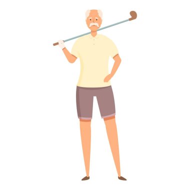 Spor kıyafetli yaşlı bir adam omuzunda golf sopası taşıyor.