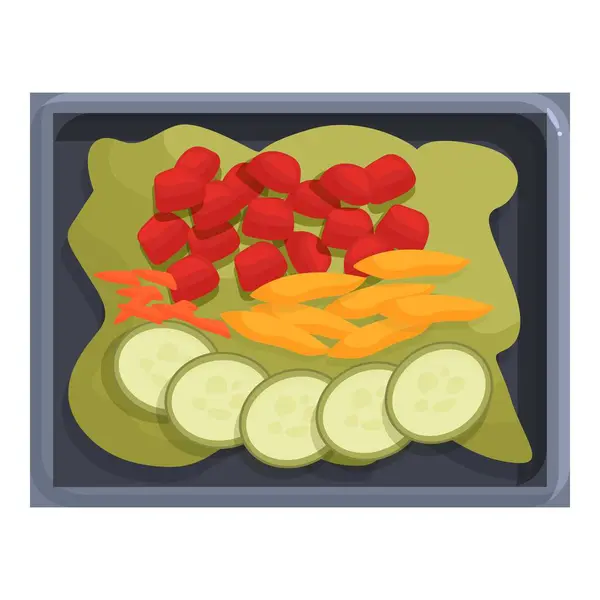 Stock vector Baking tray is filled with chopped vegetables including zucchini, carrots, and tomatoes, all coated in olive oil, ready for roasting