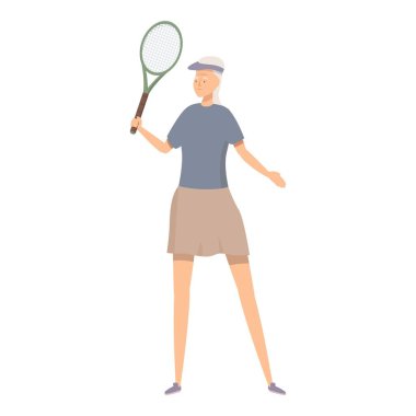 Elinde raketle tenis oynayan aktif son sınıf öğrencisi, spordan hoşlanan yaşlı bir kadın, sağlıklı bir yaşam tarzı çizimi.