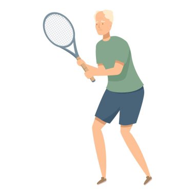 Yaşlı tenisçi sahada maçtan zevk alıyor, forehand shot atıyor.