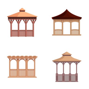 Dört vektör illüstrasyonunun koleksiyonu farklı ahşap balkon tasarımları sergiliyor