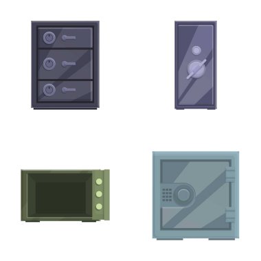 Collection of four cartoon safes and vaults with different designs, isolated on a white background clipart