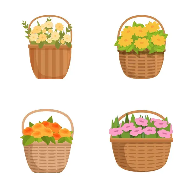 stock vector Set of four illustrated baskets filled with various vibrant flowers, isolated on white