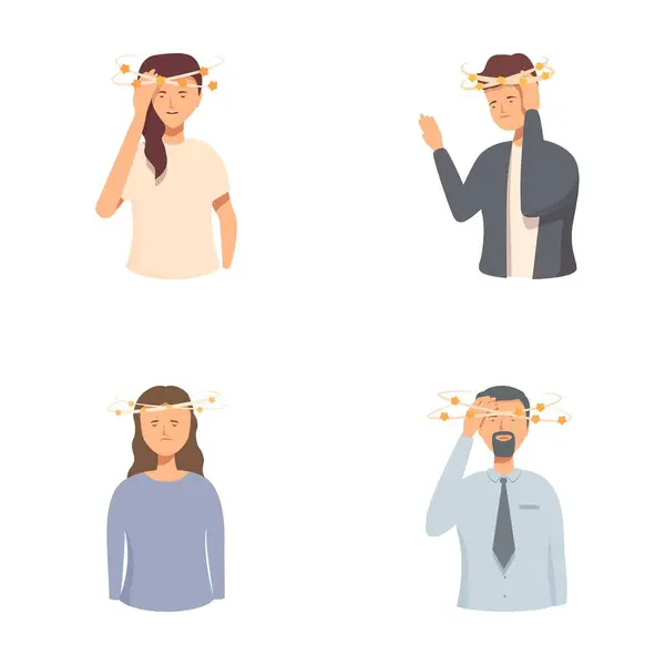 Stock vector Vector illustrations of diverse individuals experiencing dizziness, represented with stars circling their heads