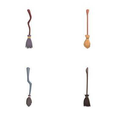 Collection of four different cartoonstyle witchs broomsticks isolated on white background clipart