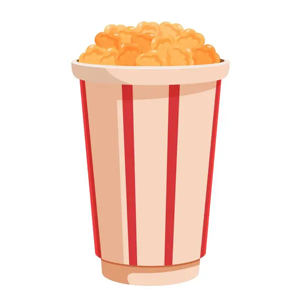 stock vector Large cardboard bucket with red vertical stripes, overflowing with delicious and buttery popcorn