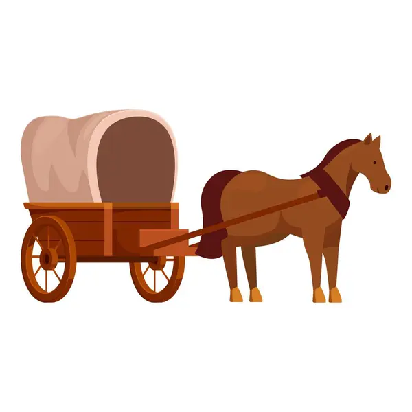 stock vector Brown horse is harnessed to a wooden wagon with a beige canvas cover