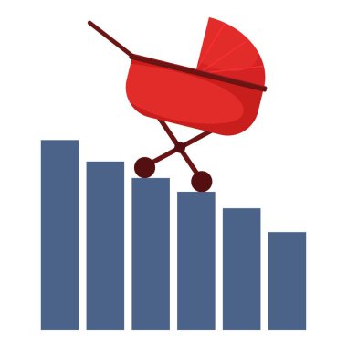 Kırmızı bebek arabası, azalan doğum oranlarının zorluklarını sembolize eden azalan bir grafikte istikrarsız bir şekilde dengeleniyor.