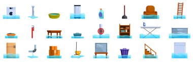 Flood house basement icons set. House flood icons set, room flooding with water, home disaster and destruction vector illustration clipart