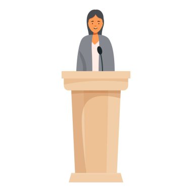 Politician standing behind tribune during political meeting, giving a speech into the microphone clipart