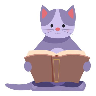 Şirin mor kedi oturuyor ve elinde açık bir kitap tutuyor, okumaya dalmış.