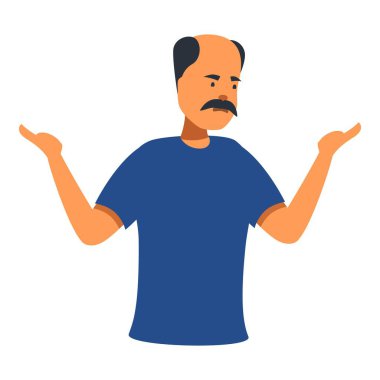 Mature man with a mustache is shrugging his shoulders with his palms up, looking confused and uncertain clipart