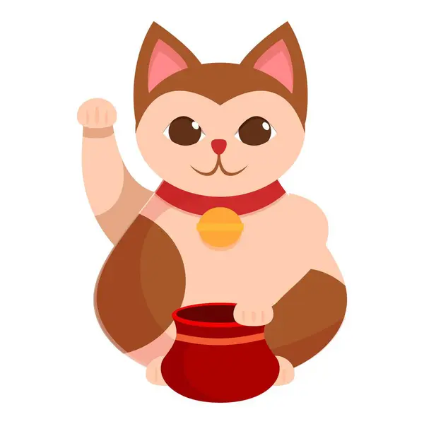 stock vector Adorable cartoon cat wearing a red collar and holding a red pot is raising its paw