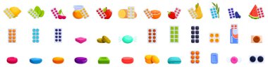 Throat lozenges icons set. Large set of various vitamins and dietary supplements in blisters and fresh fruits symbolizing healthy lifestyle clipart