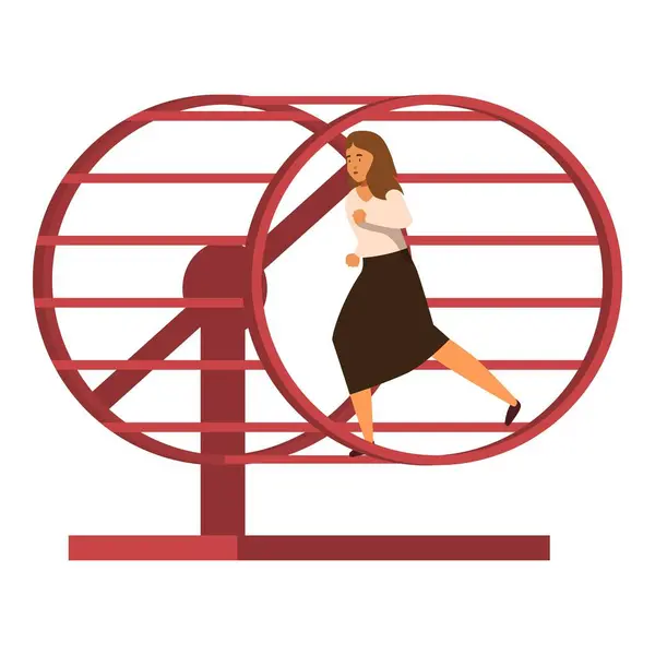 stock vector Businesswoman is running in a hamster wheel, symbolizing the feeling of being stuck in a monotonous routine at work