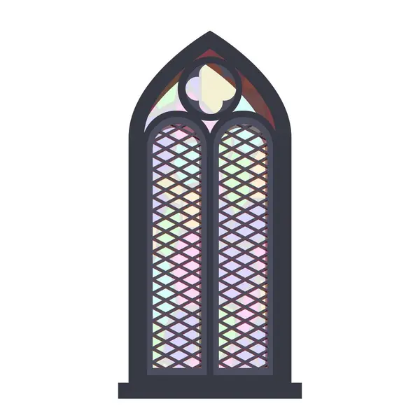 stock vector Gothic stained glass window with leadlight design illuminating the interior of a church with colorful light