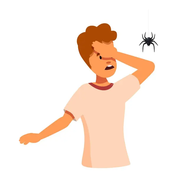 stock vector Scared boy is covering his face from a spider hanging on its web, expressing fear and disgust