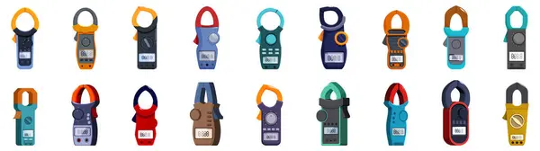 stock vector Clamp meter icons set. Collection of clamp meters showing different measurement values, electrical measurement tool icons set