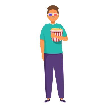 Young man is smiling and holding a bucket of popcorn while wearing 3d glasses clipart