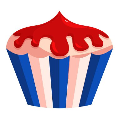 Cartoon style illustration of a delicious cupcake with red frosting dripping down, evoking sweetness and indulgence clipart