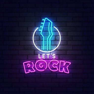Kaya neon ışığı, parlak tabela, hafif pankart. Rock festivali. Rock yıldızı. Rock n Roll parti logosu, amblem. Vektör illüstrasyonu