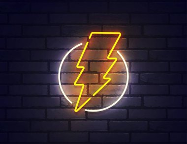 Işıklı neon ışığı, parlak tabela, hafif pankart. Parlayan şimşek yüklü logo neon, amblem. Vektör illüstrasyonu