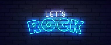 Kaya neon ışığı, parlak tabela, hafif pankart. Rock festivali. Rock yıldızı. Rock n Roll parti logosu, amblem. Vektör illüstrasyonu